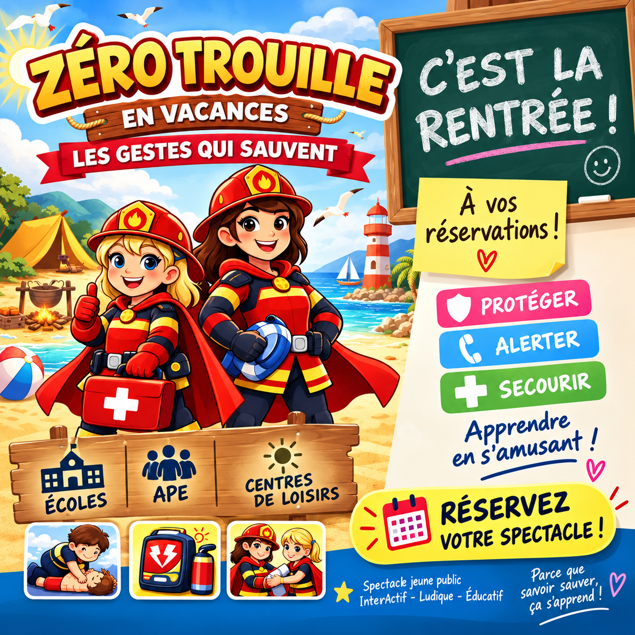 Affiche de rentrée : une classe à la plage, avec les mots Écoles, APE et centres de loisirs.